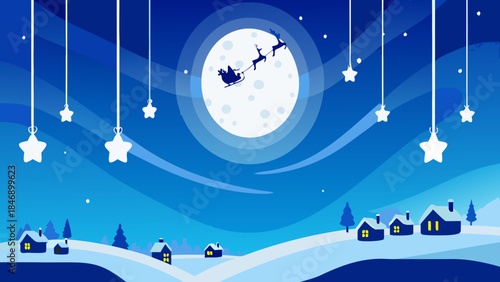 Nighttime village under moonlit sky