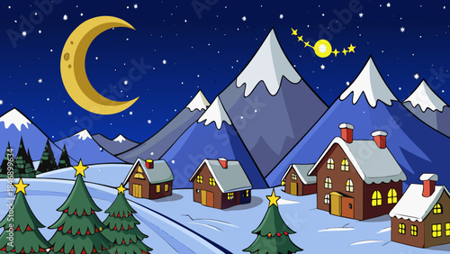 Serene mountain village under moonlight