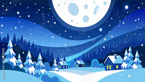 Winter night in snowy village