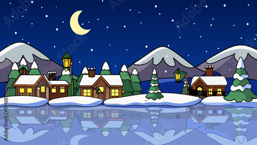 Serene winter village under moonlit night
