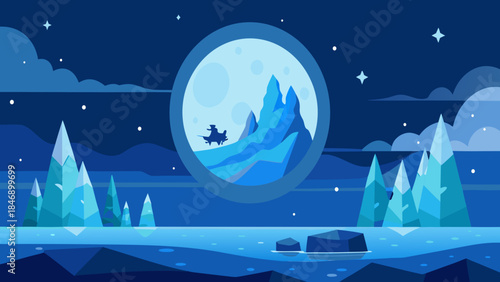 Nighttime mountain landscape with moon