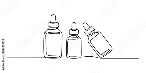 Continuous line drawing of three dropper bottles for medicine or essential oil Vector, illustration