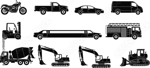 Vector Black Silhouette Set of Diverse Transportation and Construction Vehicles Motorcycle, Car, Truck, Van, Limousine, Excavator, and Bulldozer Icons.