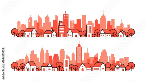 Minimalist cityscape illustration set with houses, trees, and tall buildings in red color scheme.
