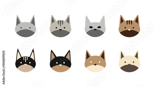 Set of eight minimalist cat head illustrations with various color schemes and designs