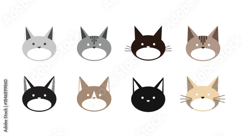 Set of eight minimalist cat head illustrations in various colors and designs