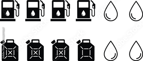 Vector Black Silhouette Set of Fuel and Oil Icons  Gas Pump Station, Jerry Can, and Droplet Symbols for Energy and Transportation Concepts.