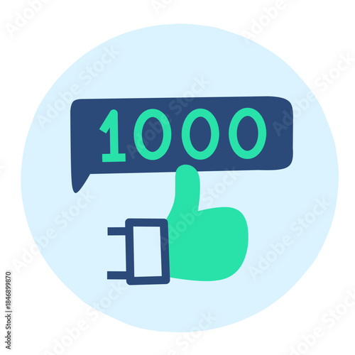 Hand drawn thumbs up icon with speech bubble showing 1000 likes in blue and green colors representing social media engagement and achievement
