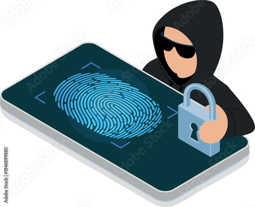 Isometric Cyber Hacker Stealing Fingerprint Biometric Data Security