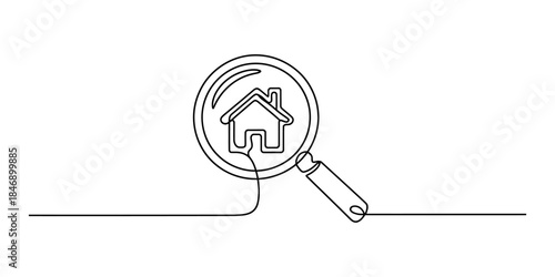 Continuous line drawing of a magnifying glass searching for a house icon on white background Vector, illustration