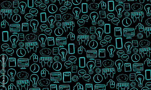 A pattern illustration of various office and technology supplies drawn in a scribble style with light blue outlines on a black background. Perfect for backgrounds, or any creative projects
