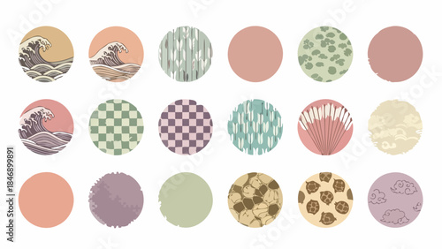 Collection of Japanese Pattern Designs on Round Backgrounds for Decorative Purposes