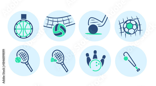 Flat style sports scene illustration icons featuring blue and green sports equipment icons inside circular shapes representing athletic activities, fitness, and recreation concepts