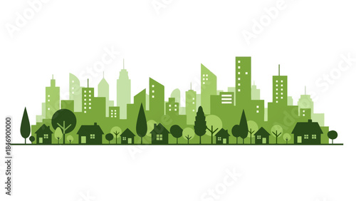 Green urban cityscape silhouette illustration with trees, houses, and buildings on a white
