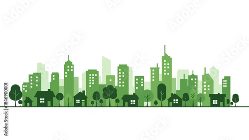 Green cityscape illustration depicting buildings, houses, and trees on white background