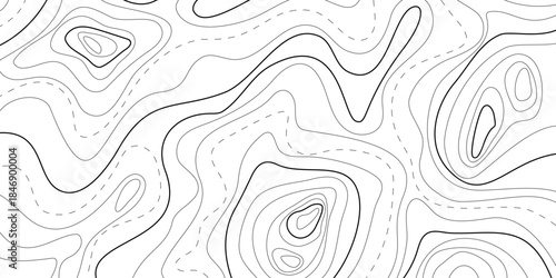 Topographic contour, line map with curvy wave isolines. Ocean or sea depth topographic landscape surface, pattern. Concept of conditional geography scheme, terrain path. Editable vector stroke