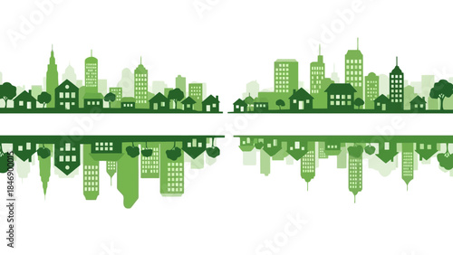 Green cityscape vector illustration representing sustainable urban development and environmental