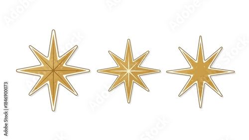 Set of three golden starburst icons isolated on a white background for design elements