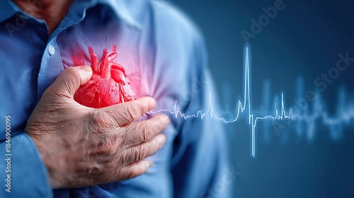 Man clutches glowing heart with EKG line on blue background, illustrating cardiac arrest
