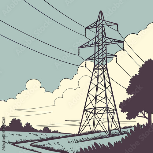 Power transmission tower in rural landscape with clouds