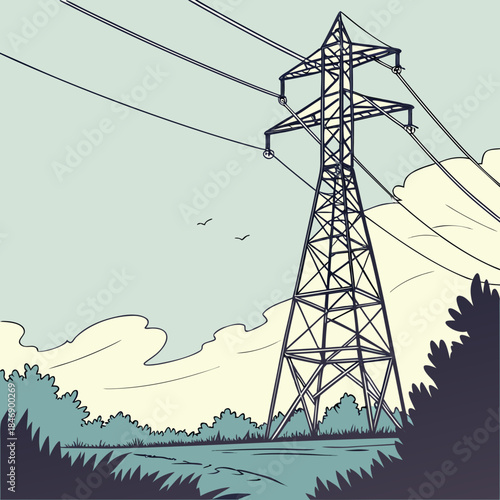Power transmission tower with wires and landscape power tower