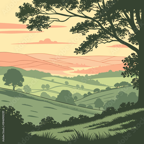 Green hillside with trees at sunset landscape