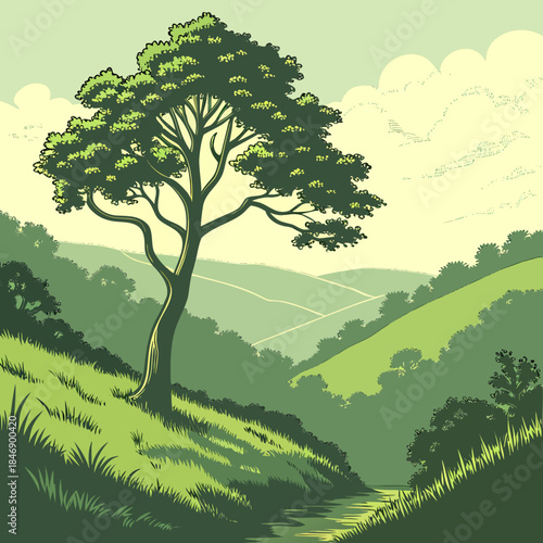 Large tree on green hillside with winding path landscape