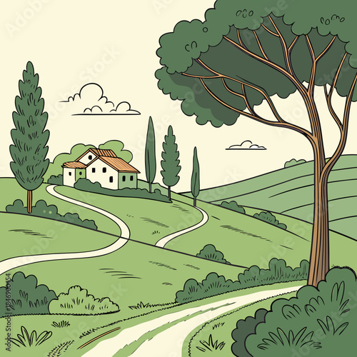 Cartoon rural landscape with winding road and house