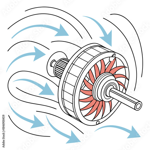 Electric motor with rotating fan blades and arrows