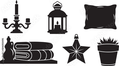 Cozy home decor and holiday icons silhouette set