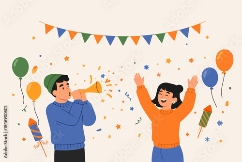 Children cheering festive scene modern design. Happy kids blowing horn and dancing cartoon style.