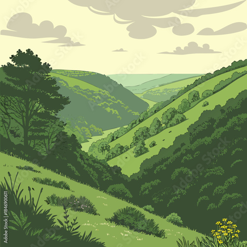 Green hillside landscape with trees and flowers