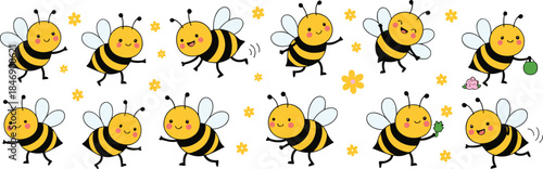 Cute Cartoon Honey Bee Vector Set in Different Poses; Adorable Flying and Dancing Bumble Bees with Yellow Flowers for Spring and Kids Design.