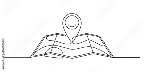 A continuous line drawing illustration of a folded map and a location pin icon Vector, illustration