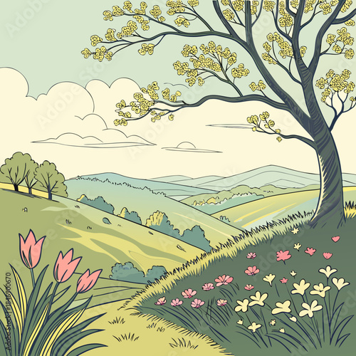 Blooming tree on green hillside with flowers landscape