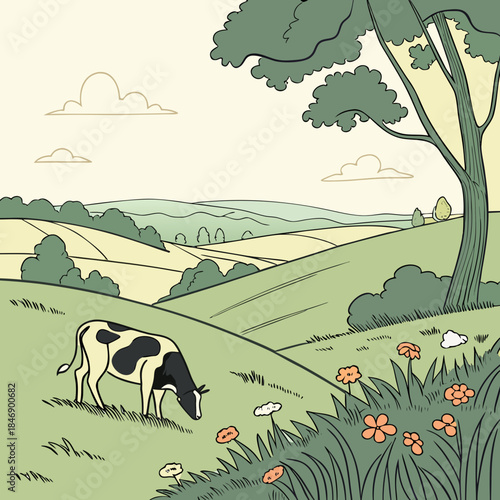 Cow grazing in green landscape with flowers and tree