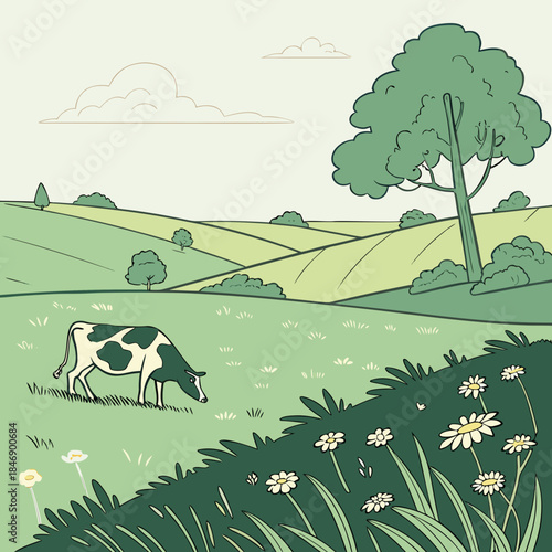 Cow grazing in green field with flowers and tree landscape