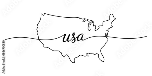 Minimalist continuous line art of the united states map with cursive text Vector, illustration