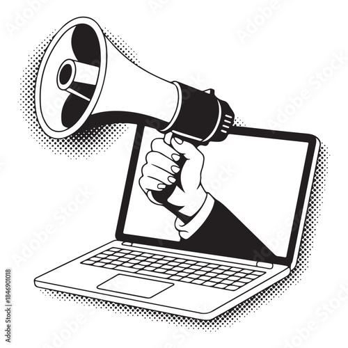 Trendy Halftone Collage with Megaphone, Laptop and Hands. vector