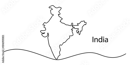 Minimalist continuous line drawing of the geographical map of india on a plain white background. Vector, illustration