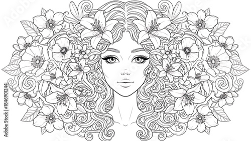 Flower mandala girl coloring page for adults and teens