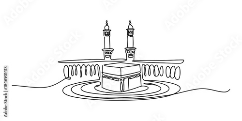 Minimalist one continuous line drawing of the holy kaaba and minarets in masjid al-haram Vector, illustration