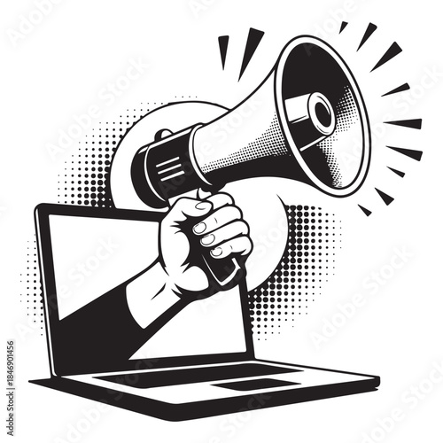 Trendy Halftone Collage with Megaphone, Laptop and Hands. vector