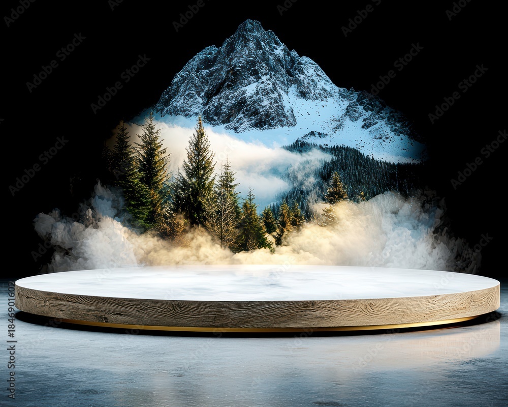 Naklejka premium Winter Mountain Display Podium with Fog