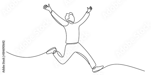 A continuous line drawing of a person celebrating and jumping with arms raised high. Vector, illustration