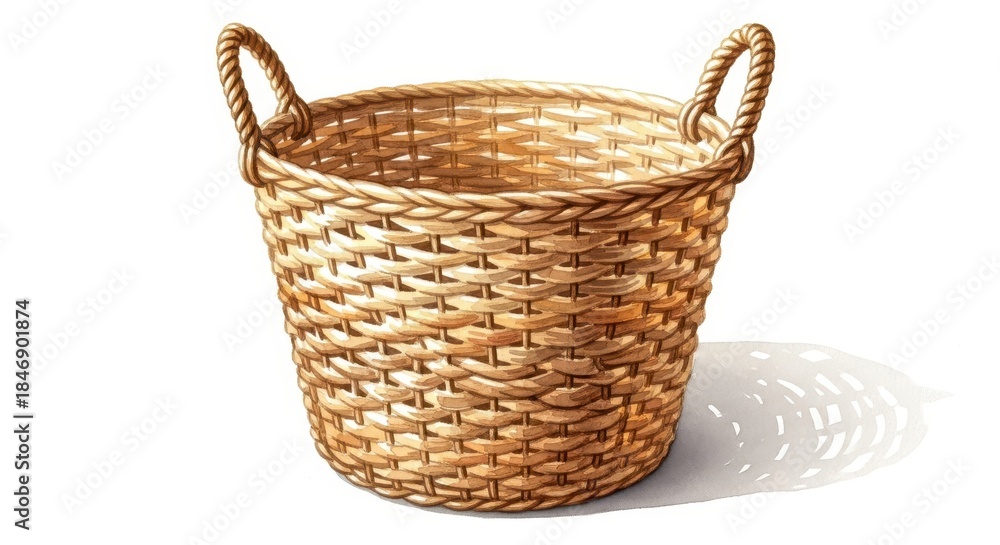 Obraz premium Woven wicker container featuring two rounded handles casts a distinct shadow on a white background