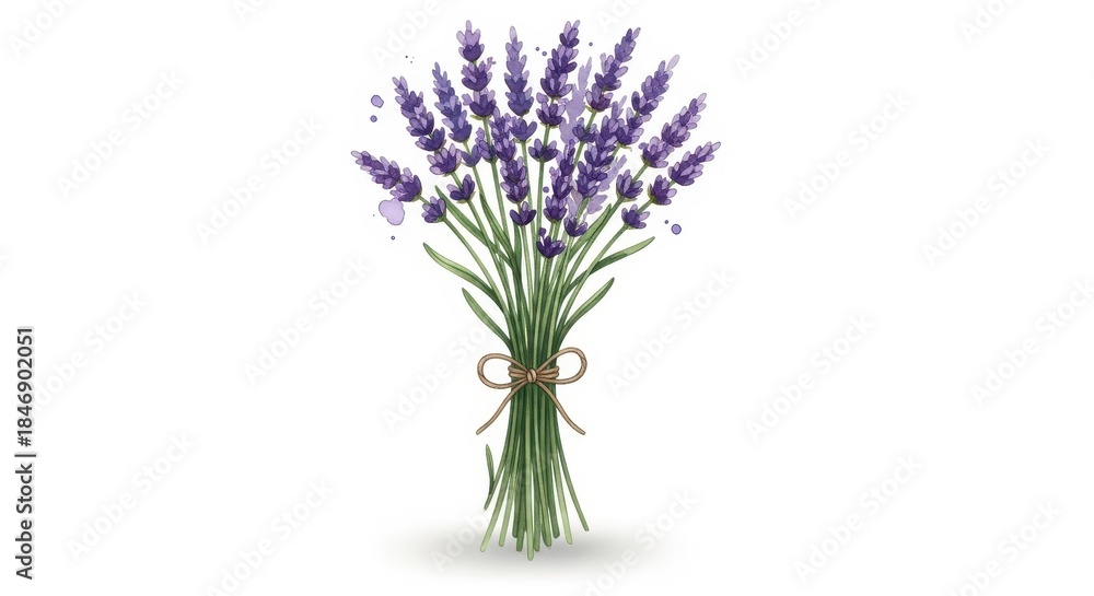 Fototapeta premium Watercolor style illustration depicts a neat bundle of purple flowers tied with twine