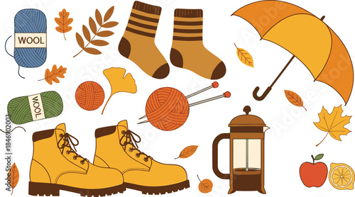 Cozy Autumn Fall Vector Collection of Seasonal Elements; Warm Boots, Wool Yarn, Knitting Needles, Umbrella, French Press, and Colorful Leaves.