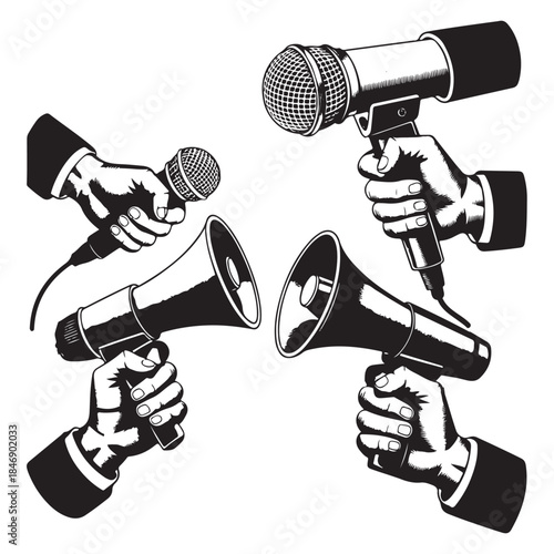 Trendy Halftone Collage with Megaphone, Laptop and Hands. vector