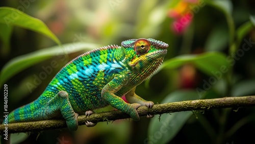 Wallpaper Mural Vibrant Panther Chameleon Perched on a Branch in a Lush Tropical Rainforest. Torontodigital.ca